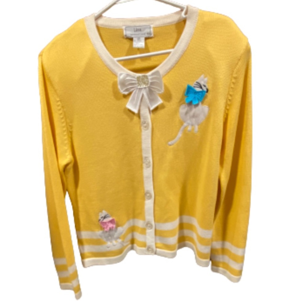 yellow cardigan med appliqués bows & cats pristine